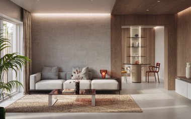 Modern dairenin çağdaş iç tasarımı. Modern tasarım çözümü, 3d görüntüleme