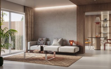 Modern dairenin çağdaş iç tasarımı. Modern tasarım çözümü, 3d görüntüleme