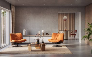 Modern dairenin çağdaş iç tasarımı. Modern tasarım çözümü, 3d görüntüleme