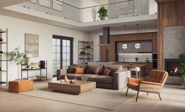 Sıcak, modern bir oturma odası, açık-konsept mutfağı, toprak tonları, ahşap dokular, ve rahat ışıklandırma, 3D renkler.