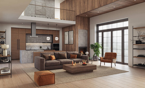 A warm, modern living room with open-concept kitchen, earthy tones, wood textures, and cozy lighting, 3d render