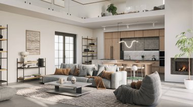 Doğal tonlara, ahşap kaplamalara ve yumuşak dokulara sahip modern açık planlı oturma odası. Konforlu bir modüler kanepe, minimalist şömine ve yeşil manzaraya bakan geniş pencereler, 3D
