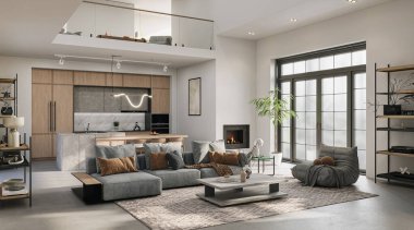 Doğal tonlara, ahşap kaplamalara ve yumuşak dokulara sahip modern açık planlı oturma odası. Konforlu bir modüler kanepe, minimalist şömine ve yeşil manzaraya bakan geniş pencereler, 3D