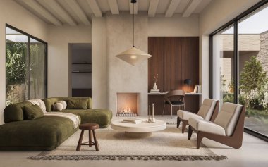 Zeytin kanepeli, ahşap aksanlı ve yeşil manzaralı geniş pencereli modern oturma odası. Sakin ve minimal, 3D görüntüleme