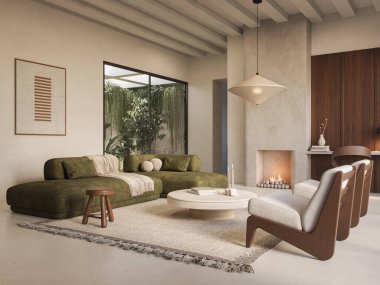 Zeytin kanepeli, ahşap aksanlı ve yeşil manzaralı geniş pencereli modern oturma odası. Sakin ve minimal, 3D görüntüleme