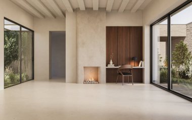 Zeytin kanepeli, ahşap aksanlı ve yeşil manzaralı geniş pencereli modern oturma odası. Sakin ve minimal, 3D görüntüleme