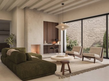 Zeytin kanepeli, ahşap aksanlı ve yeşil manzaralı geniş pencereli modern oturma odası. Sakin ve minimal, 3D görüntüleme