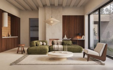 Zeytin kanepeli, ahşap aksanlı ve yeşil manzaralı geniş pencereli modern oturma odası. Sakin ve minimal, 3D görüntüleme
