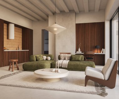 Zeytin kanepeli, ahşap aksanlı ve yeşil manzaralı geniş pencereli modern oturma odası. Sakin ve minimal, 3D görüntüleme