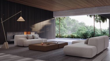 Minimalist mobilyalar, doğal malzemeler ve panoramik orman manzaralı iç ve dış tasarımla harmanlanmış sakin bir açık konsept yaşam alanı.