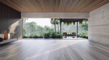Minimalist mobilyalar, doğal malzemeler ve panoramik orman manzaralı iç ve dış tasarımla harmanlanmış sakin bir açık konsept yaşam alanı.