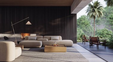 Minimalist mobilyalar, doğal malzemeler ve panoramik orman manzaralı iç ve dış tasarımla harmanlanmış sakin bir açık konsept yaşam alanı.