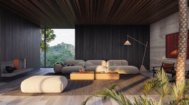 Minimalist mobilyalar, doğal malzemeler ve panoramik orman manzaralı iç ve dış tasarımla harmanlanmış sakin bir açık konsept yaşam alanı.