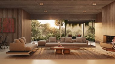 Minimalist mobilyalar, doğal malzemeler ve panoramik orman manzaralı iç ve dış tasarımla harmanlanmış sakin bir açık konsept yaşam alanı.