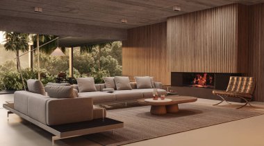 Minimalist mobilyalar, doğal malzemeler ve panoramik orman manzaralı iç ve dış tasarımla harmanlanmış sakin bir açık konsept yaşam alanı.