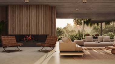 Minimalist mobilyalar, doğal malzemeler ve panoramik orman manzaralı iç ve dış tasarımla harmanlanmış sakin bir açık konsept yaşam alanı.