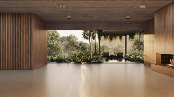 A serene open-concept living space with minimalist furniture, natural materials, and a panoramic forest view blending indoor and outdoor design, 3d render