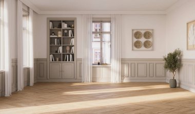 Modern tasarımcı mobilyalarının, duvar döşemelerinin ve zarif aksesuarların yer aldığı şık bir oturma odası.