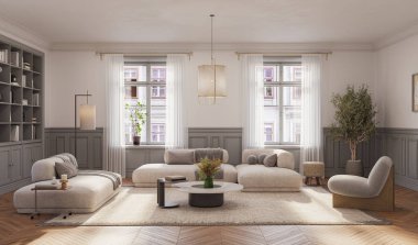 Modern tasarımcı mobilyalarının, duvar döşemelerinin ve zarif aksesuarların yer aldığı şık bir oturma odası.