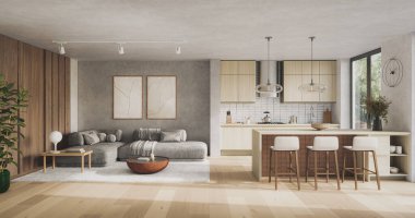 Stüdyo odasının içi dinlenme odası ve yemek odası kanepe ve yemek masasıyla döşenmiş. Modern tasarım çözümü, 3d görüntüleme