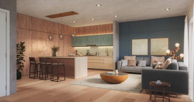 Stüdyo odasının içi dinlenme odası ve yemek odası kanepe ve yemek masasıyla döşenmiş. Modern tasarım çözümü, 3d görüntüleme