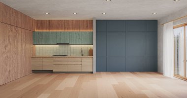 Stüdyo odasının içi dinlenme odası ve yemek odası kanepe ve yemek masasıyla döşenmiş. Modern tasarım çözümü, 3d görüntüleme