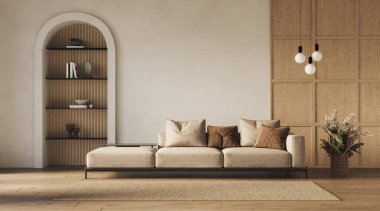 Çağdaş bir oturma odası iç tasarımı. Canlı dekoratif aksanları olan, 3 boyutlu bir tasarım.