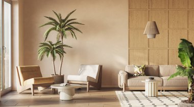 Çağdaş bir oturma odası iç tasarımı. Canlı dekoratif aksanları olan, 3 boyutlu bir tasarım.