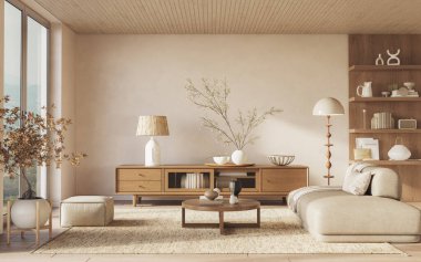 Çağdaş bir oturma odası iç tasarımı. Canlı dekoratif aksanları olan, 3 boyutlu bir tasarım.