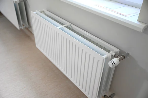 White Radiator Attached Wall Providing Warmth Comfort Room Its Smooth Stock Photo