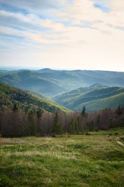 Dağlardaki harika bahar manzarası. Taze yeşil çayırları olan dağlık bir kırsal alan. Bir bahar sabahı dağlarda kozalaklı ve yaprak döken ormanlar..