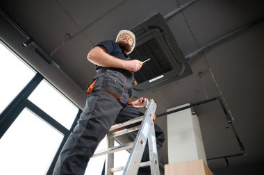 Sakallı adam merdivende duruyor ofise klima yerleştiriyor. Modern binada tavana monte edilmiş klima. Çatı katı tarzı. Endüstriyel iç tasarım. Teknisyen servisi.