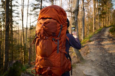 Tam teçhizatlı yürüyüşçü dağlarda güneşin erken doğuşunun tadını çıkarıyor. Bahar ormanında yürüyüş yapan sırt çantalı bir yürüyüşçü. Yürüyüş konsepti. Sırt çantalı bir gezgin ormanda yürüyor. Arkadan bak..