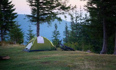 Yeşil kamp çadırı ve ormandaki çimenli bir tepede iki bisiklet, arka planda çam ağaçları ve dağ manzaralı sakin bir akşam boyunca.