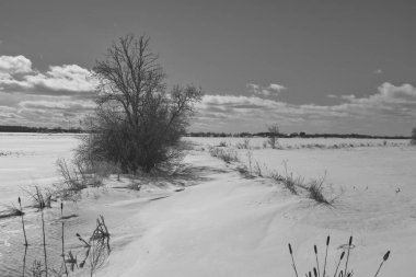 Kışın donmuş nehir, karla kaplı buz kırsal kesimde donmuş nehir. Kış manzarası.