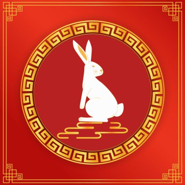 Kırmızı arka planda Çin altın halkası çerçeveli tavşan. Yeni yıl 2023. Kaplan Yılı. Çin çerçevesi. Klasik model. Tebrik kartı, davetiye, poster, broşür, pankart, takvim için.