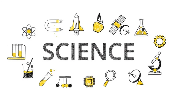 Bilimsel Simgeler Elementlerle Düz Çizgi Tasarımı Vektör Çizimi Karikatür Set — Stok Vektör
