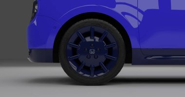 Tangerang, Banten. 7 Ağustos 2023, izole edilmiş arkaplanda mavi Honda E 'nin 3d canlandırması