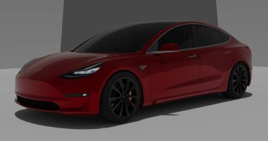 İzole edilmiş arkaplanda Tesla Model 3 'ün 3B canlandırması