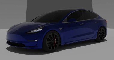 İzole edilmiş arkaplanda Tesla Model 3 'ün 3B canlandırması