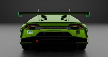 İzole edilmiş fırında Lamborghini Huracan GT3 yarış arabasının 3D görüntüsü