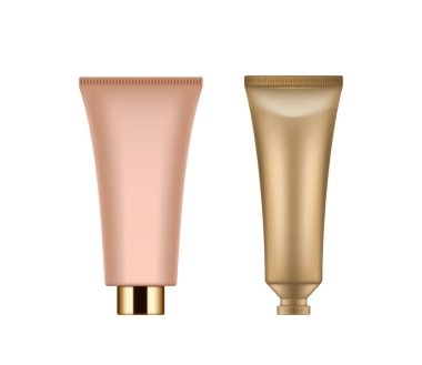 Jel, bakım kremi ya da özü için boş ve temiz tüpler. Pembe, bej ve altın renkli kozmetik ürünler için boş konteynır şablonu izole edildi. Vektör illüstrasyonu