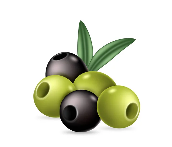 Olijven Groef Groen Zwart Geïsoleerd Witte Achtergrond Ingeblikt Ingrediënt Voor — Stockvector