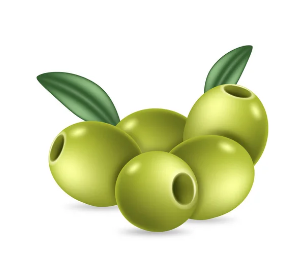 Tasty Green Olives Leaves Tasty Pitted Olives Greek Italian Spanish — Stock Vector