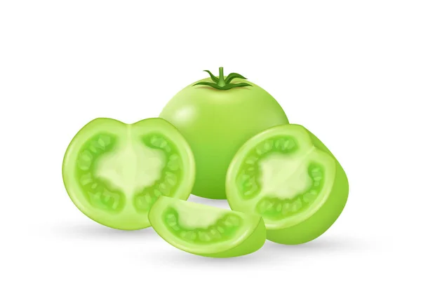 Realistic Green Tomato Whole Vegetable Half Sliced Isolated White Background — Stock Vector
