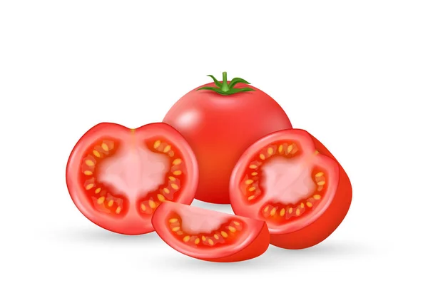 现实的番茄全蔬菜 半切碎 成熟的红色西红柿在白色背景隔离 色拉和烹调用鲜有机配料的味道 3D矢量说明 — 图库矢量图片
