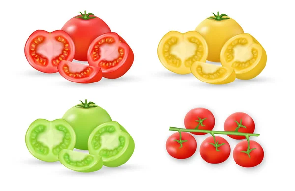 Tomates Listos Tomate Cereza Rama Entero Rebanado Medio Verdura Madura — Archivo Imágenes Vectoriales