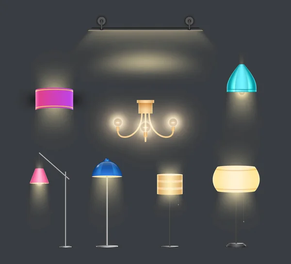 Realistische Lampen Aufgestellt Home Floor Wall Light Möbel Moderne Taschenlampe — Stockvektor