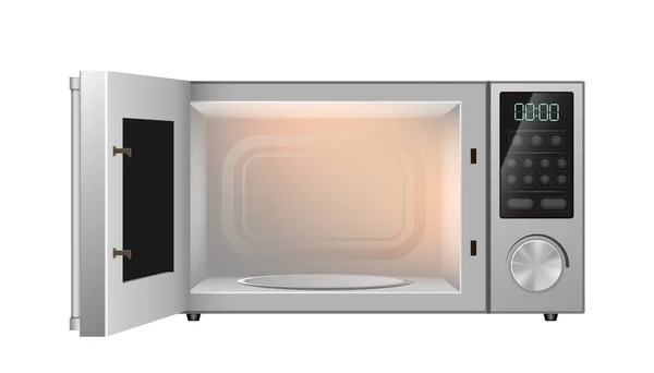 Ρεαλιστικός Φούρνος Μικροκυμάτων Ανοιχτή Πόρτα Σύγχρονη Συσκευή Κουζίνας Οικιακός Ηλεκτρονικός — Διανυσματικό Αρχείο