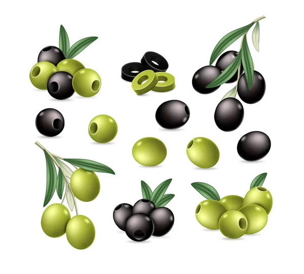 Olives Set Hijau Dan Hitam Segar Diadu Irisan Dan Buah - Stok Vektor